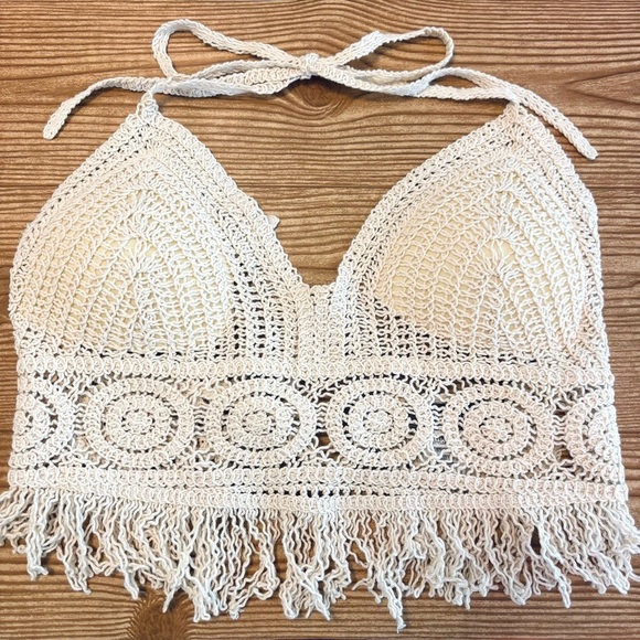 Sans Souci Crochet Fringe Padded Bralette Crop Top Beach Vacation Swim Coverup - Picture 2 of 6